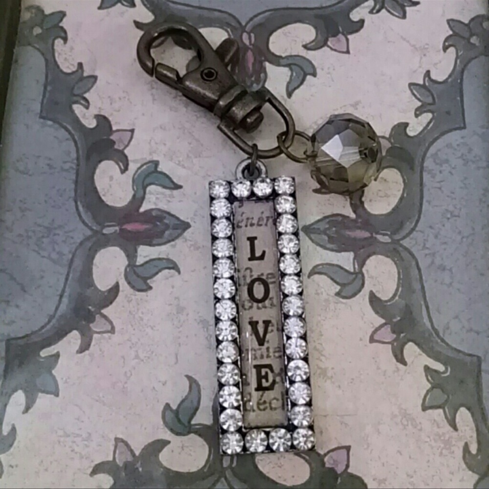 "LOVE" Rhinestone Charm & Real Crystal Brass Key…